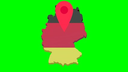 Wall Mural - Looping animation with a jumping red location marker on the 3D map of Germany in the colors of the German flag in flat design style with a green background for transparency