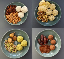 A collage of four kinds of energy balls. Easy HEALTHY SNACKS  of two ingredients . 