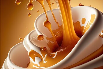  a liquid pouring into a white cup with orange liquid on it and a brown background with a splash of liquid on the bottom of the cup and the cup is orange liquid in the middle., generative ai