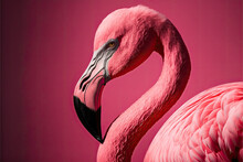 A Closeup Of A Pink Flamingo. Isolated On Pink Background. Generative AI