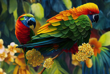 Colorful Parrot In Exotic Jungle Full Of Tropical Leaves And Large Flowers. Amazing Tropical Floral Patten For Print, Web, Greeting Cards, Wallpapers, Wrappers. Digital Artwork