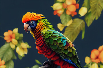 Wall Mural - Colorful parrot in exotic jungle full of tropical leaves and large flowers. Amazing tropical floral patten for print, web, greeting cards, wallpapers, wrappers. Digital artwork