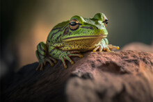 Closeup Of A Green Frog On A Rock - Generative AI
