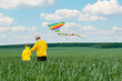 © HalynaRom - Focus on a kite launched by an older man and a child on a green glade turned back. family active outdoors game and enjoy good quality time. Healthy life concept.