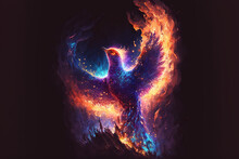 A Burning Phoenix In Orange And Blue Flames In Space Illustration Generative Ai