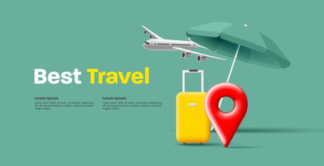 Wall Mural - Travel agency banner with travel bags, airplane and sun umbrella, 3d render illustration