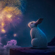 Happy Chinese New Year 2023 Bunny looking up at Fireworks. Year of the rabbit. Generative Ai