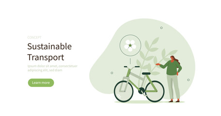 Sticker - Sustainable transportation. Characters using environmental friendly mode of transport and standing near electric bike. Urban mobility and environmental conservation concept. Vector illustration.