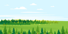Spruce Tops Forest Summer Landscape Background In Simple Geometric Form, Wildlife Panorama Of Forest In Green Valley At Sunny Day With Blue Sky, Nature Travel Banner Illustration