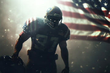 american football player in super bowl game with usa flag in the background, epic scene, generative ai