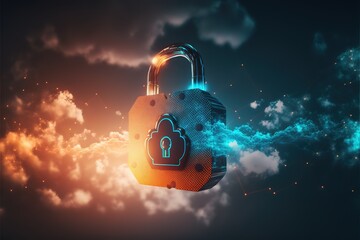 Cyber security, data protection, cyberattacks concept on blue background. Database security software development. Online security concept. AI