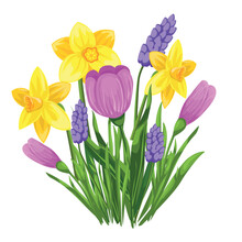 Beautiful Bouquet Of Spring Flowers Tulips, Crocuses, Daffodils, Hyacinths Flat Design Isolated On White Background. Spring Flowers With Long Green Leaves. Graphic Icon.