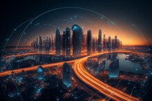Banner Smart City Dot Point Connect With Gradient Line, Connection Technology Metaverse Concept. Generative AI