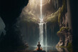a woman sits under a waterfall in a lotus pose and meditates. back view. Generative AI