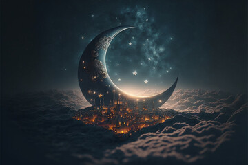 ramadan, the holy month of muslims. crescent shaped moon and night cloudy and starry sky., generativ