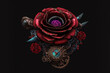 a beautiful red rose with gears around it, black background and steampunk art, generative ai technology