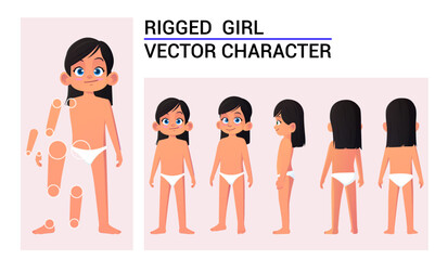 Wall Mural - Child Character Creation Set For Animation, Girl Wearing Underwear with Black Hair Poses