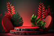 Stage podium scene for Award celebration or products on red background with lighting, Promotion display, generative ai.