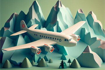 Beautiful abstract landscape and airplane. low poly. Minimalism retro style concept.  Generative AI technology 