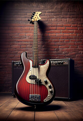 Poster - Beautiful old bass red Guitar . Generative AI technology 