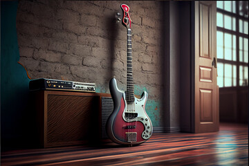 Poster - Beautiful old bass red Guitar . Generative AI technology 
