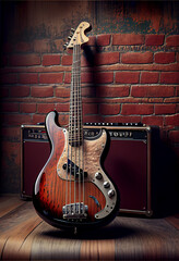 Poster - Beautiful old bass red Guitar . Generative AI technology 