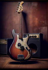 Poster - Beautiful old bass red Guitar . Generative AI technology 