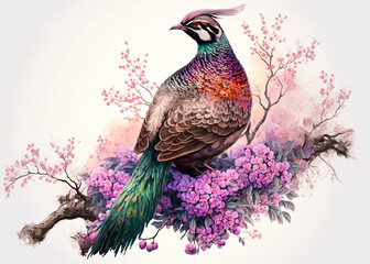 Wall Mural - Colorful pheasant, exotic bird portrait on blooming twig, digital watercolor painting, floral background, generative ai