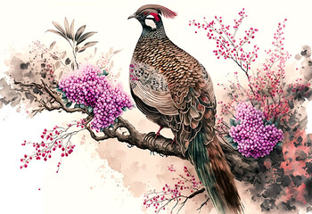 Sticker - Digital watercolor painting of pheasant on blooming twig, close-up illustration, generative ai