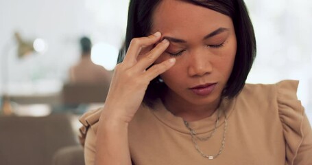 Poster - Stress, headache and sad asian woman in office with pain, fear and mental health. Tired worker, burnout and business mistake with anxiety, fatigue and depression of confused problem, crisis and doubt