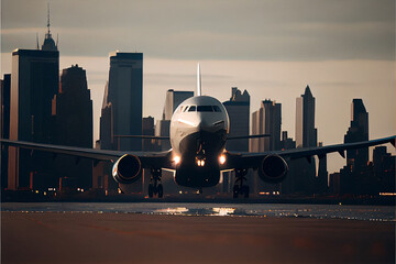 Poster - Airplane city skyline at sunset