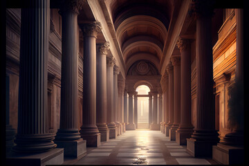 Gorgeous Graeco-Roman corridor with columns and a glowing heavenly light at the end. 