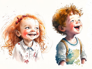 Watercolor painting of happy laughing little kids, boy and girl, isolated on white, generative ai