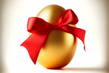 Generative AI Illustration Of A Golden Egg Tired With Red Bow Isolated On White Background. Concept Of Expensive Gift  Digital Art..