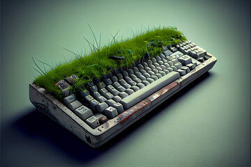 Poster - Old keyboard overgrown with grass on a gray background. Green world concept.