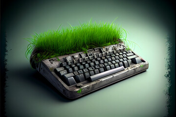 Poster - Old keyboard overgrown with grass on a gray background. Green world concept.
