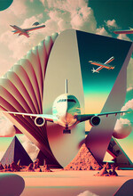 Beautiful Abstract Surreal Geometric Landscape Airplane Collage Concept, Contemporary Colors And Mood 