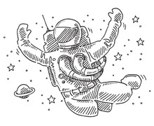 Hand-drawn Vector Drawing Of A Astronaut Floating In Space. Black-and-White Sketch On A Transparent Background