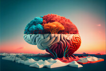 Beautiful Abstract Surreal Brain  Landscape Mountain  Space Collage Concept, Contemporary Colors And Mood Social Background