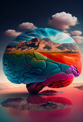 Poster - Beautiful abstract surreal brain  landscape mountain  space collage concept, contemporary colors and mood social background