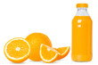 Orange set. Whole orange, slices, juice in a bottle. Isolated on white background.