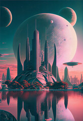 Aufkleber - Beautiful abstract surreal landscape retro futuristic world of computer space in the style of science fiction of the 80s. Futuristic city in virtual space