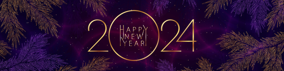 Wall Mural - New year banner with gold numbers 2024. Happy New Year, vector illustration with a bright background, highlights and stylized fir branches