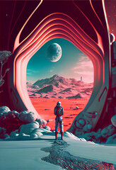 Poster - Beautiful abstract surreal landscape retro futuristic world of computer space in the style of science fiction of the 80s. Futuristic HUMAN in virtual space. Generative AI technology 
