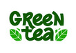 © mvdiduk - Green tea logo design, vector label for brand. Hand-drawn lettering. Template calligraphy decorated simple green leaves.