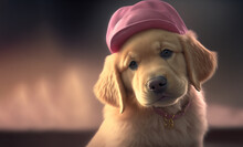 Golden Retriever Puppy A Pet Dog Wearing A Pink Hat.  The Little Pup Is Looking Forward With Her Head Tilted Or Cocked To The Side.  Very Cute Expression.  Image Created With Digital AI