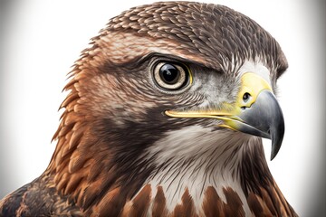 Wall Mural - Hawk face with imposing look, white background. AI digital illustration