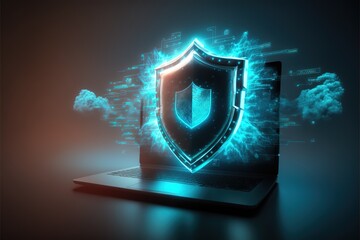 Cyber security, data protection, cyberattacks concept on blue background. Database security software development. Online security concept. Laptop protected with shield. AI