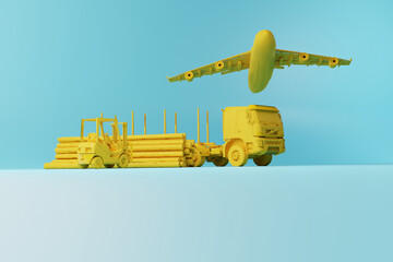 Canvas Print - A forklift truck, a truck transporting wood and an airplane in the background on a solid background. Concept of transporting heavy materials. Global material transport. 3d render, 3d illustration.