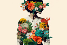 Portrait Of A Woman With Lots Of Flowers. Abstract Trendy Art Paper Collage Design. Generative Ai